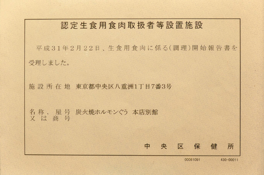 認定生食用食肉取扱者等設置施設認定書